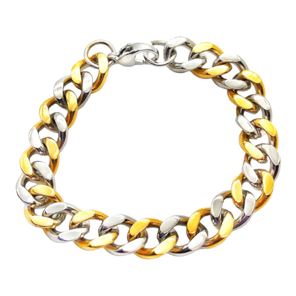 NEW Two Tone Flat CUBAN LINK Stainless Steel BRACELET Men's 9" Gold Silver NWOT - Picture 2 of 7
